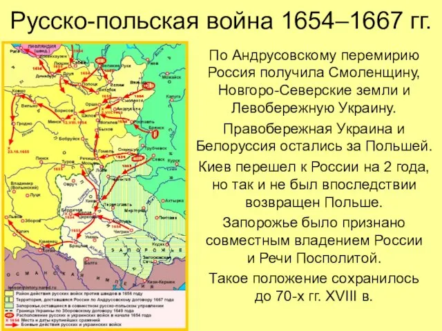 Русско-польская война 1654–1667 гг. По Андрусовскому перемирию Россия получила Смоленщину, Новгоро-Северские земли