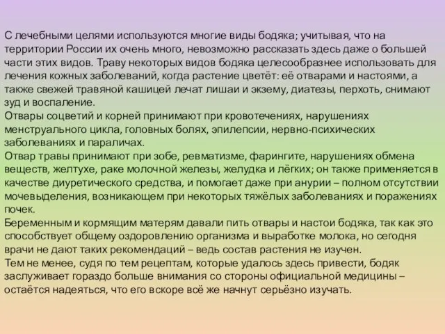 С лечебными целями используются многие виды бодяка; учитывая, что на территории России