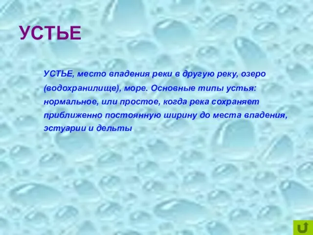 УСТЬЕ УСТЬЕ, место впадения реки в другую реку, озеро (водохранилище), море. Основные