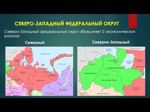 СЕВЕРО-ЗАПАДНЫЙ ФЕДЕРАЛЬНЫЙ ОКРУГ Северо-Западный федеральный округ объединяет 2 экономических района: Северный Северно-Западный