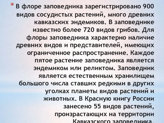 В флоре заповедника зарегистрировано 900 видов сосудистых растений, много древних кавказских эндемиков.