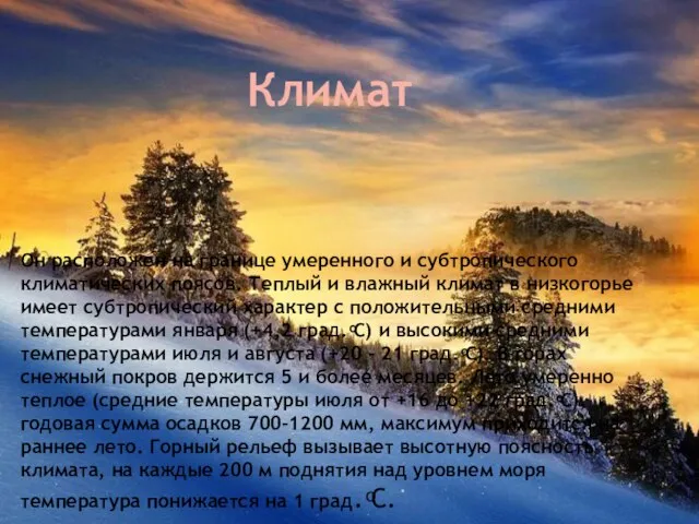 Он расположен на границе умеренного и субтропического климатических поясов. Теплый и влажный