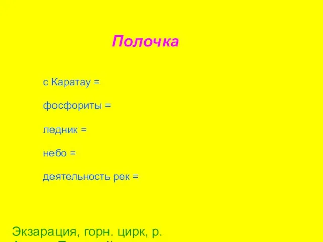 Полочка с Каратау = фосфориты = ледник = небо = деятельность рек