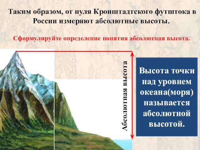 Таким образом, от нуля Кронштадтского футштока в России измеряют абсолютные высоты. Абсолютная