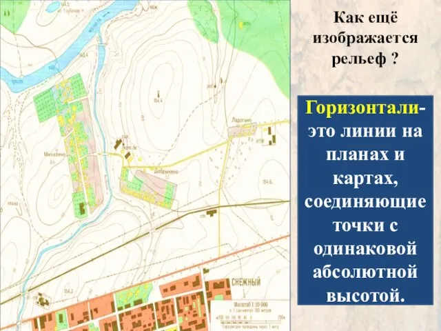 Как ещё изображается рельеф ? Горизонтали- это линии на планах и картах,