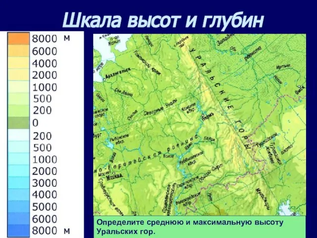 Шкала высот и глубин Определите среднюю и максимальную высоту Уральских гор.
