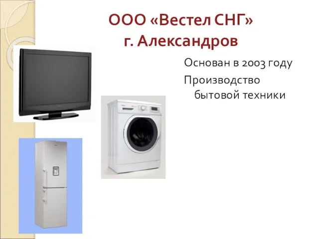 ООО «Вестел СНГ» г. Александров Основан в 2003 году Производство бытовой техники