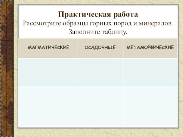 Практическая работа Рассмотрите образцы горных пород и минералов. Заполните таблицу.