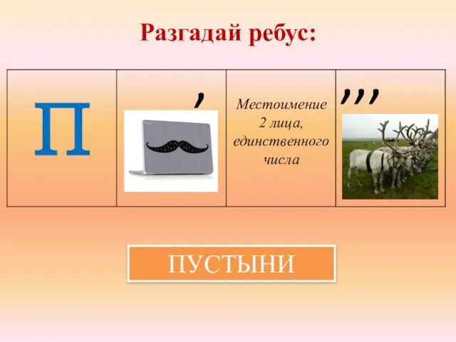 Разгадай ребус: П Местоимение 2 лица, единственного числа , , , , ПУСТЫНИ