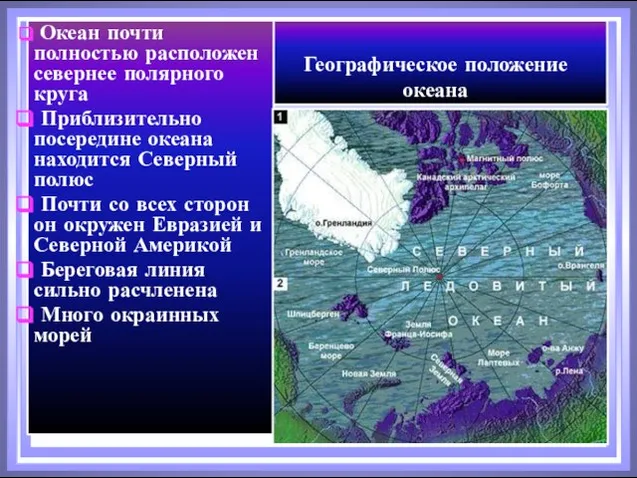 Географическое положение океана Океан почти полностью расположен севернее полярного круга Приблизительно посередине