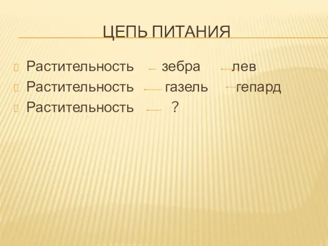 Цепь питания Растительность зебра лев Растительность газель гепард Растительность ?