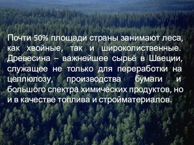 Почти 50% площади страны занимают леса, как хвойные, так и широколиственные. Древесина