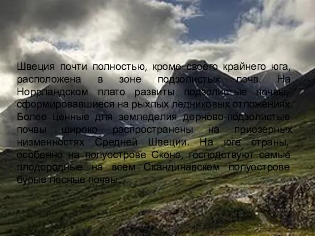 Швеция почти полностью, кроме своего крайнего юга, расположена в зоне подзолистых почв.