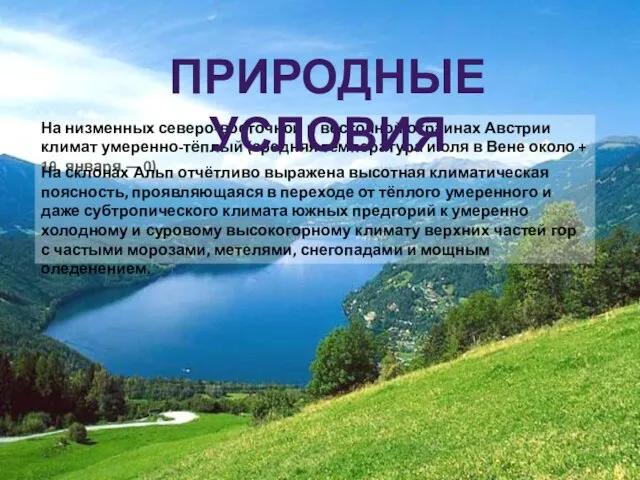 На низменных северо-восточной и восточной окраинах Австрии климат умеренно-тёплый (средняя температура июля