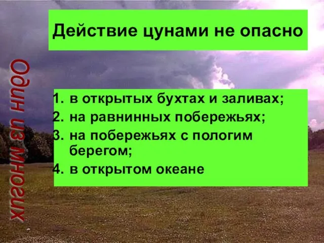 Действие цунами не опасно в открытых бухтах и заливах; на равнинных побережьях;