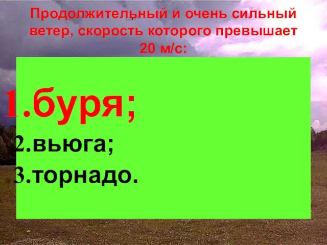 Продолжительный и очень сильный ветер, скорость которого превышает 20 м/с: буря; вьюга; торнадо.