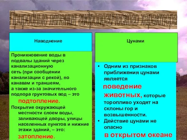 Природные явления гидрологического характера Наводнение Цунами Проникновение воды в подвалы зданий через