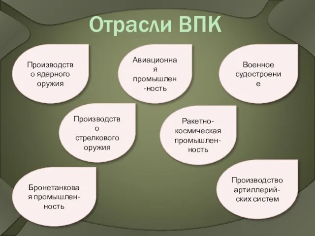 Отрасли ВПК Производство ядерного оружия Бронетанковая промышлен-ность Производство стрелкового оружия Ракетно-космическая промышлен-ность