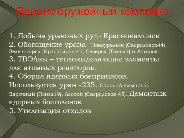 Ядерно-оружейный комплекс 1. Добыча урановых руд- Краснокаменск 2. Обогащение урана- Новоуральск (Свердловск44),