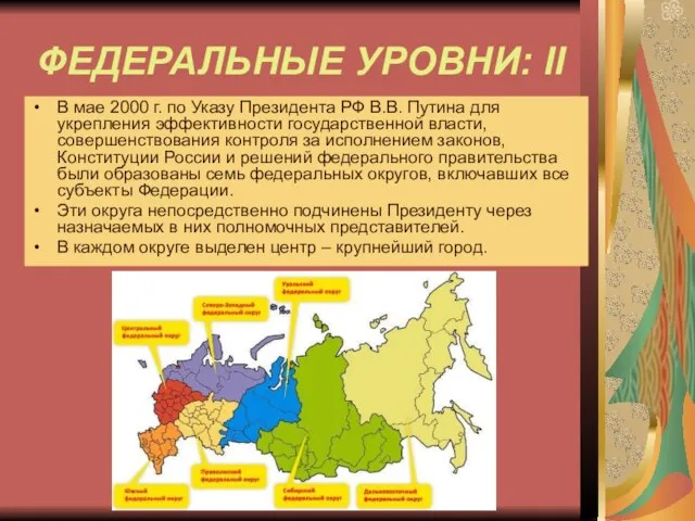 ФЕДЕРАЛЬНЫЕ УРОВНИ: II В мае 2000 г. по Указу Президента РФ В.В.