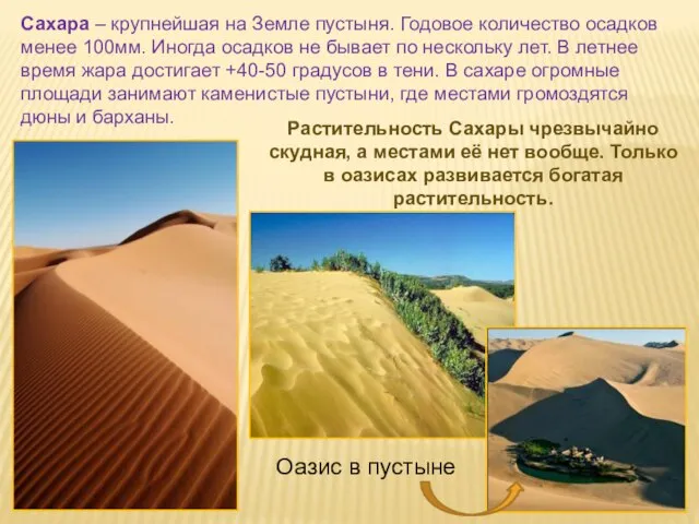 Сахара – крупнейшая на Земле пустыня. Годовое количество осадков менее 100мм. Иногда