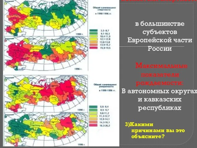 Максимальные показатели смертности в большинстве субъектов Европейской части России Максимальные показатели рождаемости: