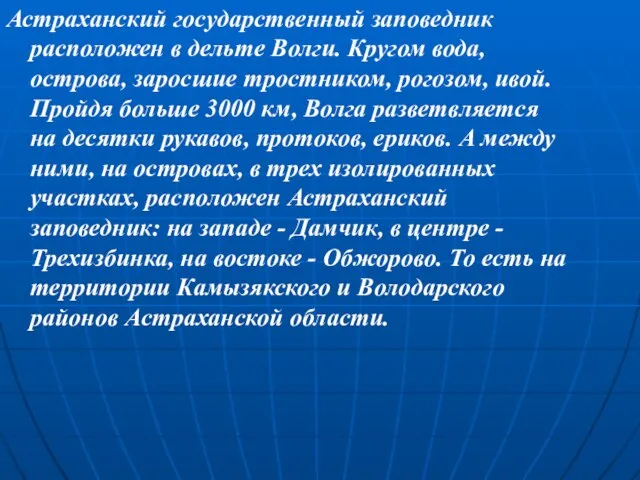 Астраханский государственный заповедник расположен в дельте Волги. Кругом вода, острова, заросшие тростником,