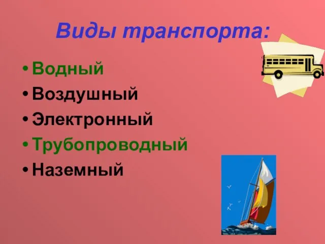 Виды транспорта: Водный Воздушный Электронный Трубопроводный Наземный