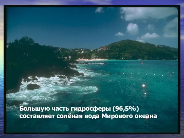 Большую часть гидросферы (96,5%) составляет солёная вода Мирового океана