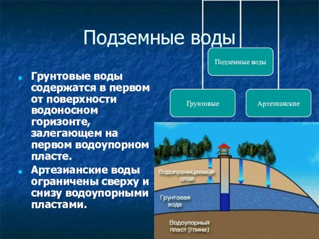 Подземные воды Грунтовые воды содержатся в первом от поверхности водоносном горизонте, залегающем