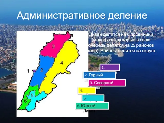 Административное деление Ливан делится на 6 провинций (мохафаза), которые в свою очередь