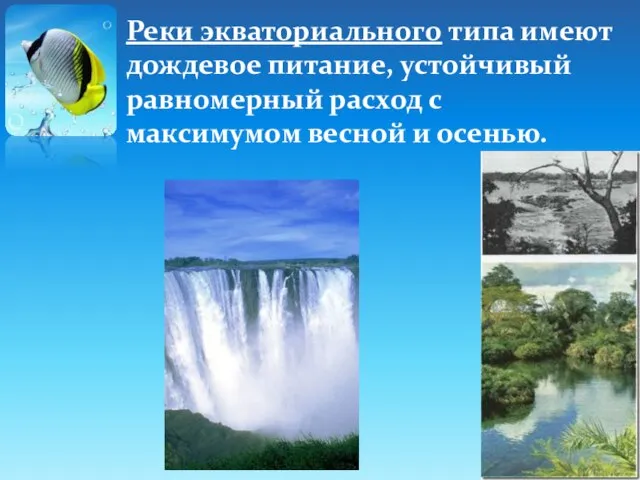 Реки экваториального типа имеют дождевое питание, устойчивый равномерный расход с максимумом весной и осенью.