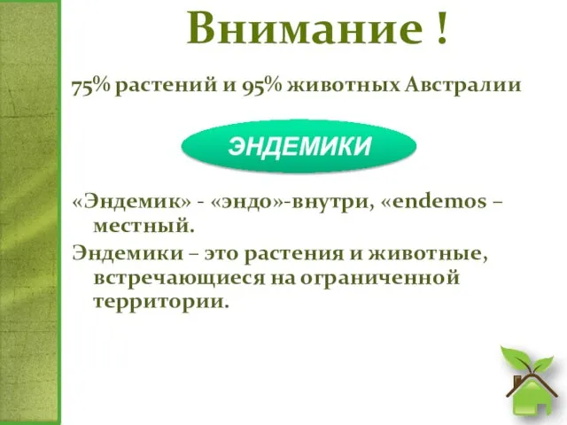 Внимание ! 75% растений и 95% животных Австралии «Эндемик» - «эндо»-внутри, «endemos