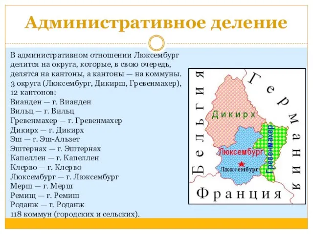 Административное деление В административном отношении Люксембург делится на округа, которые, в свою