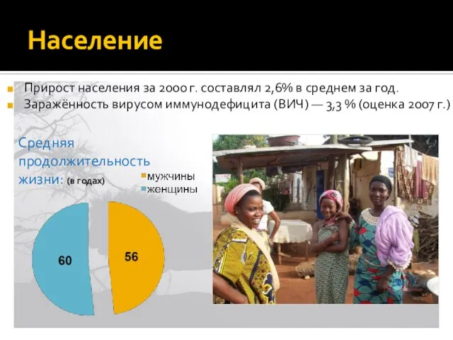 Прирост населения за 2000 г. составлял 2,6% в среднем за год. Заражённость