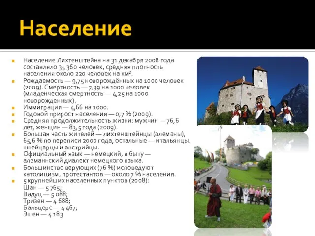 Население Население Лихтенштейна на 31 декабря 2008 года составляло 35 360 человек,