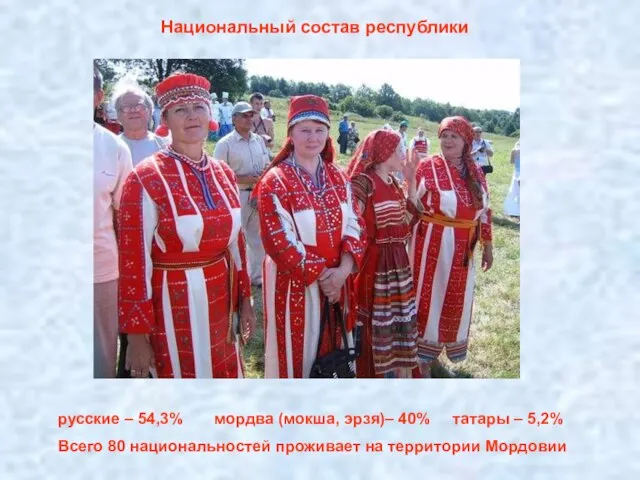Национальный состав республики русские – 54,3% мордва (мокша, эрзя)– 40% татары –