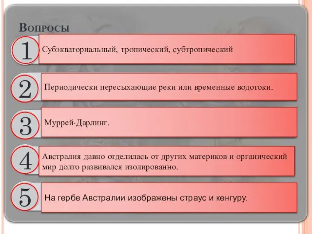 Вопросы Субэкваториальный, тропический, субтропический Периодически пересыхающие реки или временные водотоки. Муррей-Дарлинг. Австралия