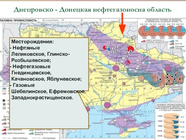 Месторождения: Нефтяные Леляковское, Глинско-Розбышевское; Нефтегазовые Гнединцевское, Качановское, Яблуневское; Газовые Шебелинское, Ефремовское, Западнокрестищенское.