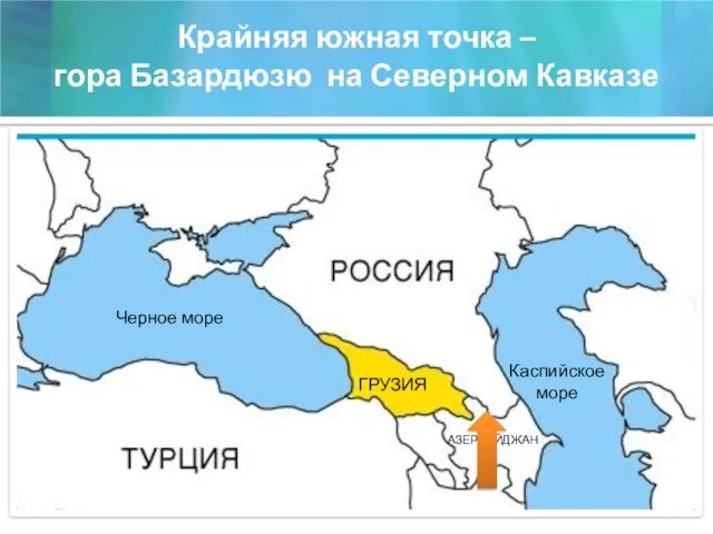 Крайняя южная точка – гора Базардюзю на Северном Кавказе Черное море Каспийское море ГРУЗИЯ АЗЕРБАЙДЖАН