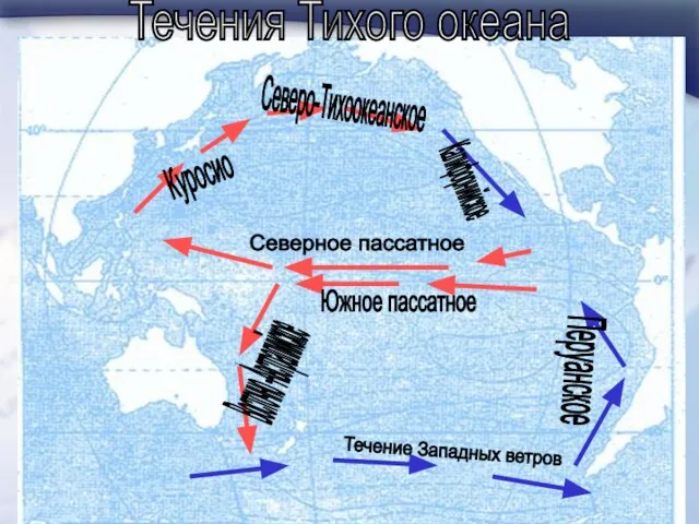 Течения Тихого океана Куросио Калифорнийское Восточно -Австралийское Перуанское Северо-Тихоокеанское Северное пассатное Течение Западных ветров Южное пассатное