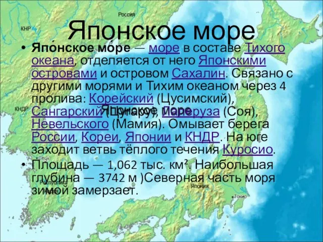 Японское море Япо́нское мо́ре — море в составе Тихого океана, отделяется от