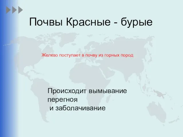 Почвы Красные - бурые Происходит вымывание перегноя и заболачивание Железо поступает в почву из горных пород