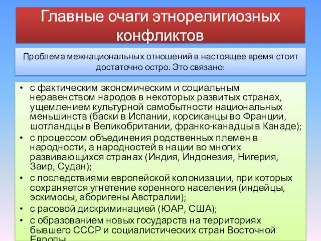 Главные очаги этнорелигиозных конфликтов с фактическим экономическим и социальным неравенством народов в