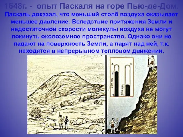 1648г. - опыт Паскаля на горе Пью-де-Дом. Паскаль доказал, что меньший столб