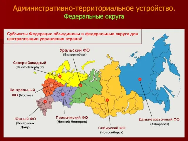 Административно-территориальное устройство. Федеральные округа Уральский ФО (Екатеринбург) Дальневосточный ФО (Хабаровск) Сибирский ФО