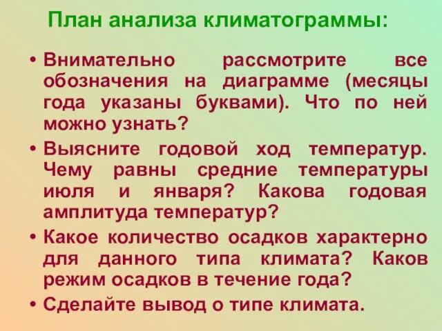 План анализа климатограммы: Внимательно рассмотрите все обозначения на диаграмме (месяцы года указаны