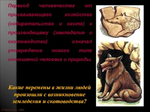 © Жадаев Д.Н., 2005 Переход человечества от присваивающего хозяйства (собирательство и охота)