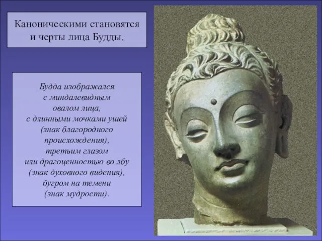Каноническими становятся и черты лица Будды. Будда изображался с миндалевидным овалом лица,