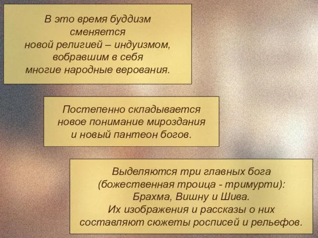 В это время буддизм сменяется новой религией – индуизмом, вобравшим в себя